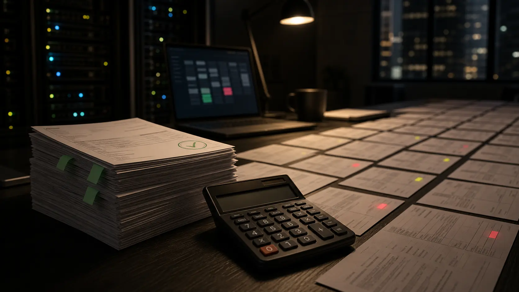 A long desk covered with invoice pages, a calculator, and a dim server rack, with a few highlighted numbers fading into blurred paperwork.